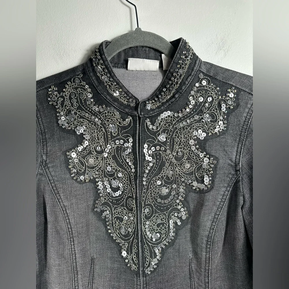 Chico’s Embellished Denim Jacket Gray Beaded Sequin Zip Women’s‎ Size 1